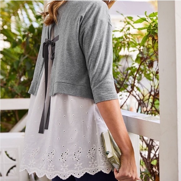 Matilda Jane Jane in the Clouds gray tunic eyelet top open back with ribbon tie - Picture 1 of 16